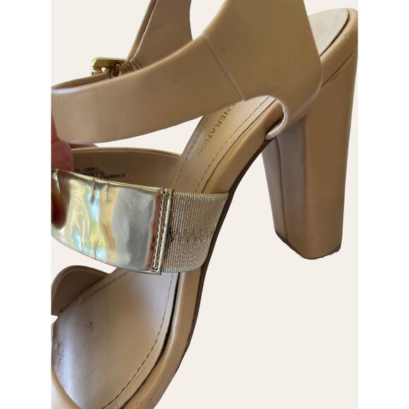 BCBGeneration Nude and Gold Heels, Sz 7.5 B, Strappy - Picture 2 of 7
